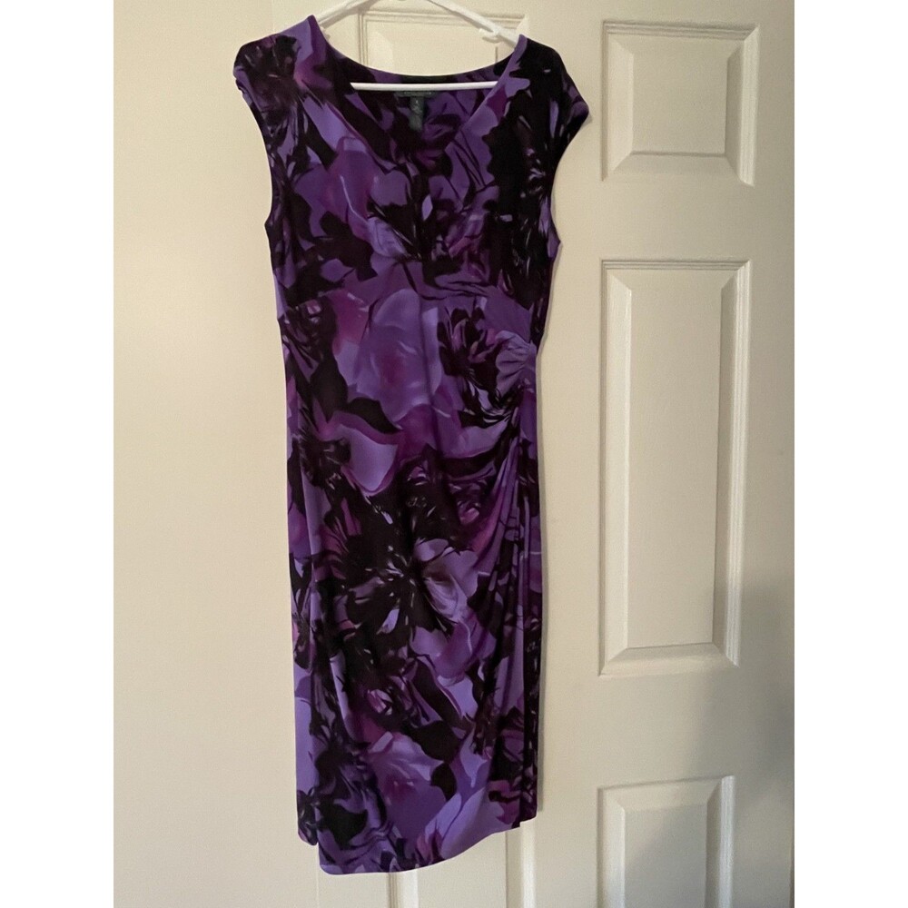 Lauren Ralph Lauren Sheath Dress Purple Floral Side Rouched Size 8